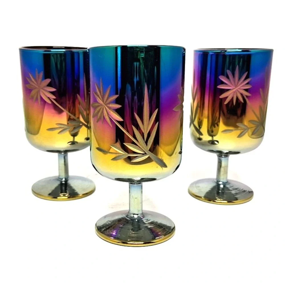 Beautiful Shot glasses or Liqueur 3 Carnival Iridescent Glass Bohemian Cut Style